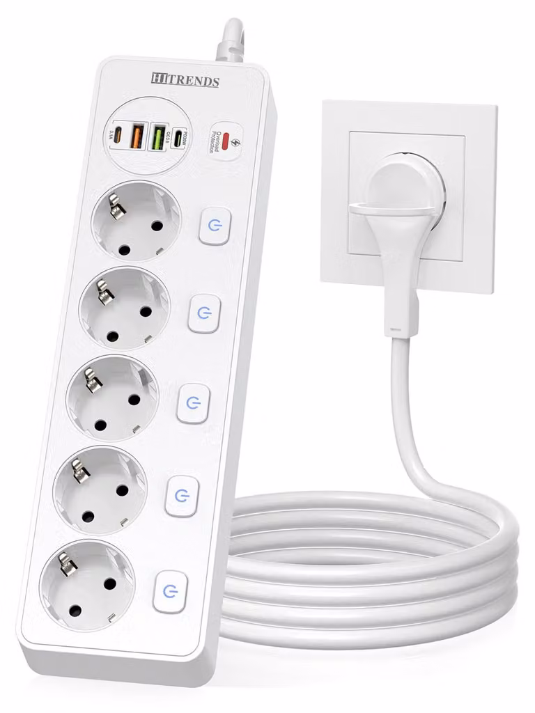 Ciabatta multipresa a 5 prese con porte USB e protezione da sovratensione, lunghezza 2 metri, colore bianco