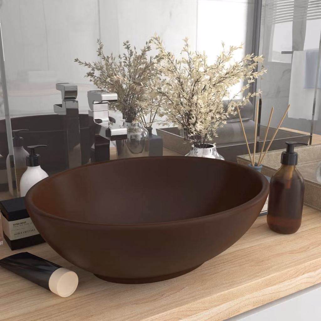 The Living Store Lavabo ovale Matt Dark Brown 40x33 cm in Vetroceramica