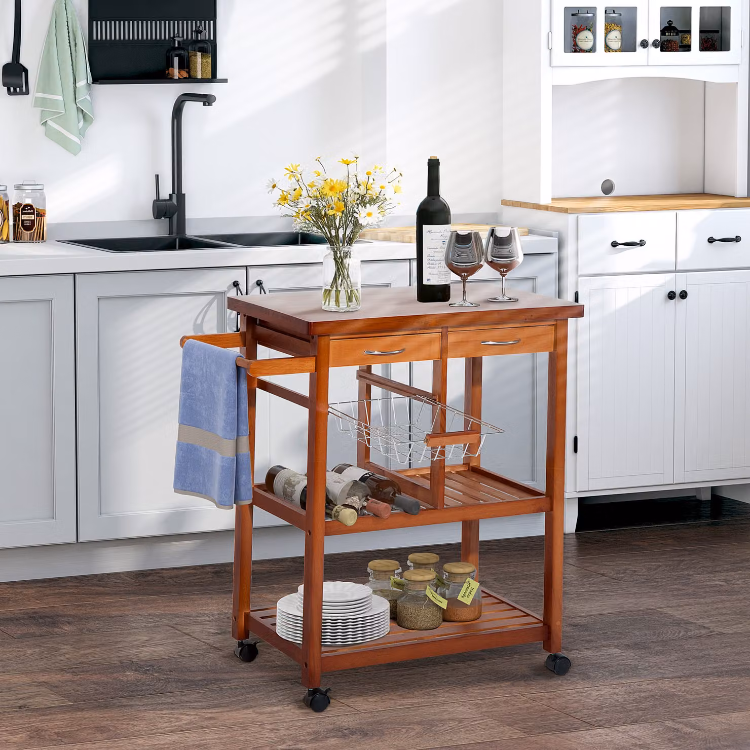 Carrello da cucina HOMCOM in legno marrone con cassetti e scaffali, portaoggetti trasportabile con ruote, L 81 cm x P 38 cm x H 85 cm – 2