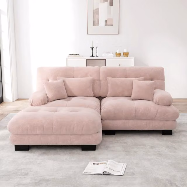 Divano modulare a L Mivray in velluto rosa con ottomane e cuscini coordinati per il tuo soggiorno