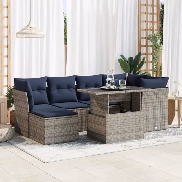 Set Divani da Giardino 7pz con Cuscini Grigio Polyrattan Acacia 3327781