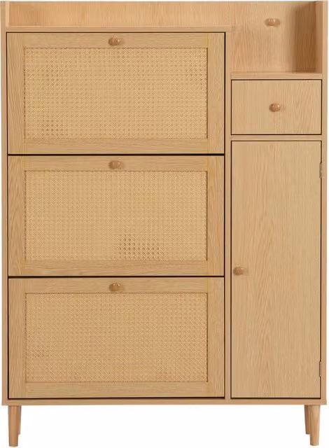 Scarpiera in MDF e legno massello con 3 ante ribaltabili e 1 cassetto, gambe e maniglie in legno, naturale, 90x125x17 cm