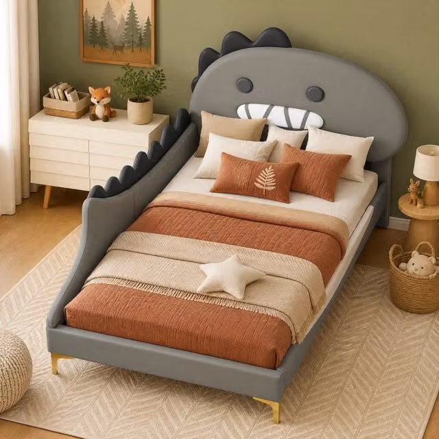 Letto singolo per bambini Mivray con testiera a dinosauro in ecopelle e MDF grigio, L/P/H: 90 x 200 x 109 cm