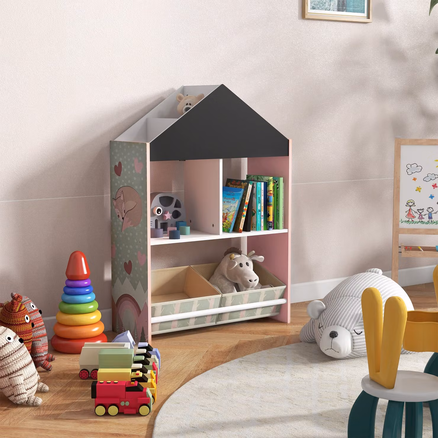 Scaffale Portagiochi ZONEKIZ per Bambini con Ripiani e Cassetti Rimovibili, Libreria Salvaspazio Rosa in MDF – 2