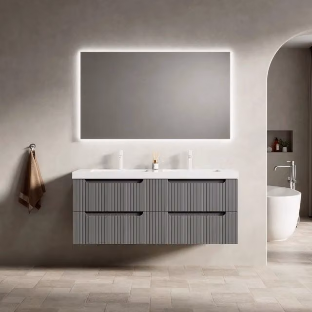 Mobile lavabo sospeso da bagno 120 cm, 2 lavabi integrati in pietra artificiale spessa, mobile in compensato striato con 4 cassetti, preassemblato, grigio scuro