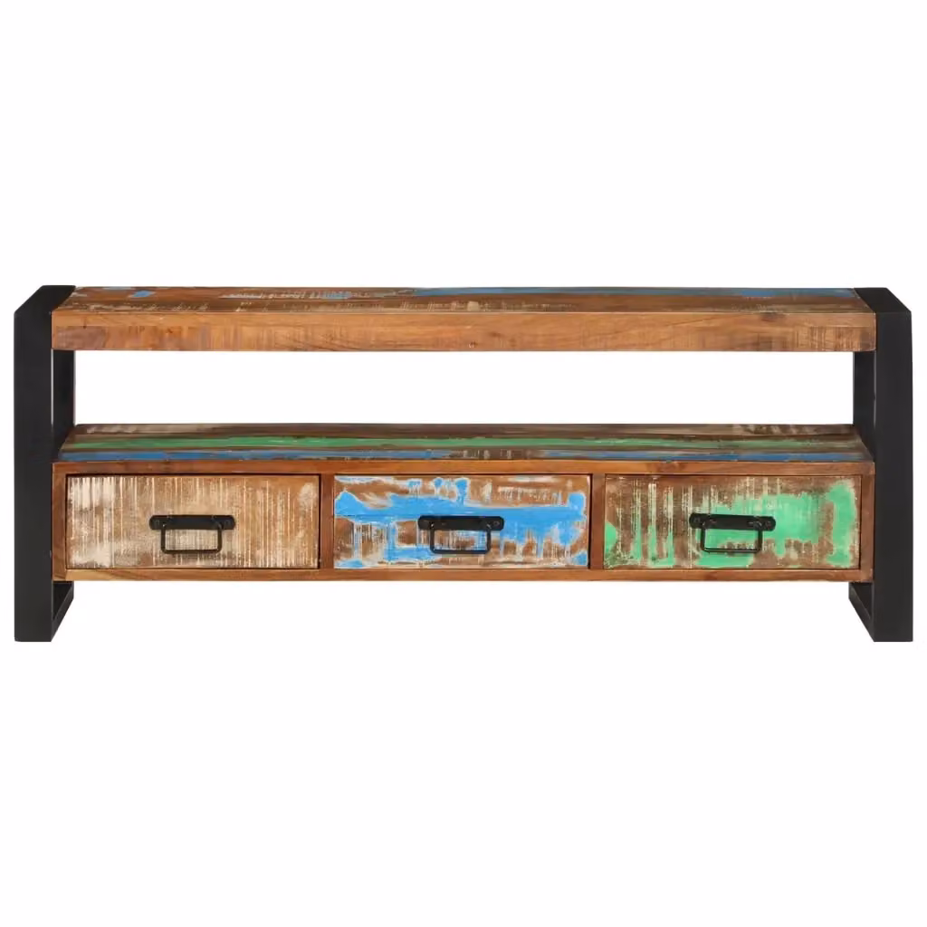 Mobile TV in legno massello di recupero e metallo stile industrial, colore marrone, L 120 cm x P 30 cm x H 45 cm – 2