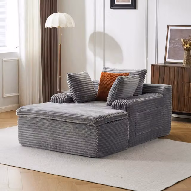Divano angolare MIVRAY con chaise longue a sinistra in velluto a coste grigio, completo di 3 cuscini e portabicchieri