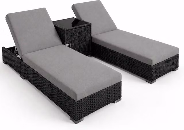 Set 2 Lettini Prendisole In Polyrattan Con Tavolino Contenitore E Cuscini Schienale Regolabile 5 Posizioni Sdraio Da Giardino Terrazzo Piscina Relax Outdoor Arredo Esterno 184 x 60 x 21 Cm Nero E Grigio