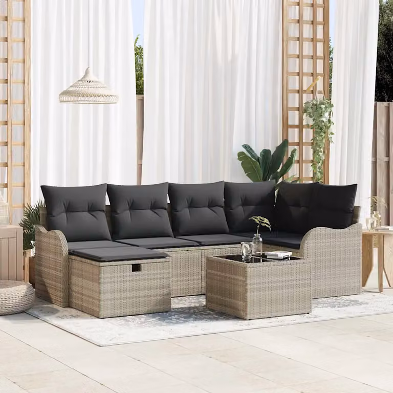 Set Divano da Giardino vidaXL 7 Pezzi a Forma di L con Cuscini Grigio