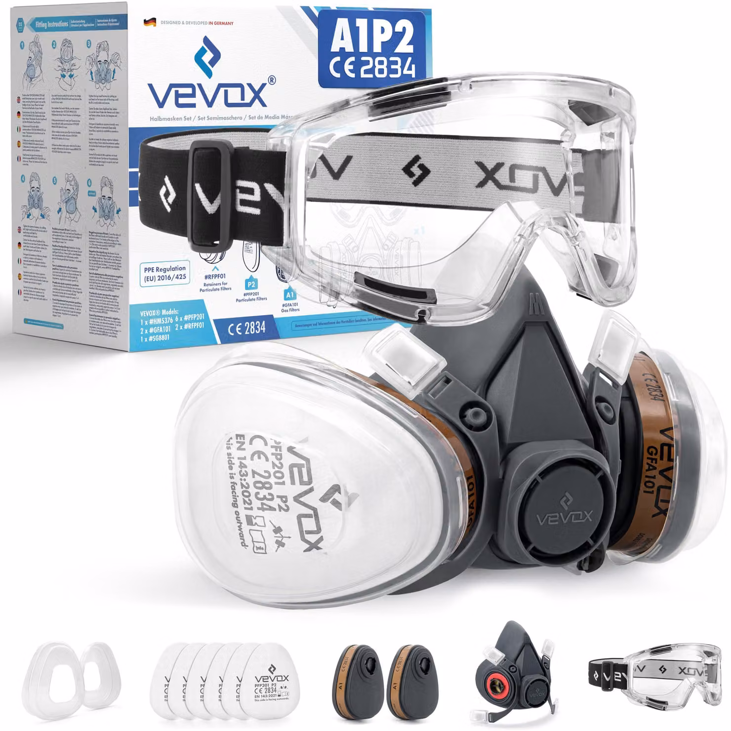 Mascherina protettiva VEVOX® - Filtro A1P2 - Maschera antigas - Mascherina antipolvere - Mascherina per verniciatura