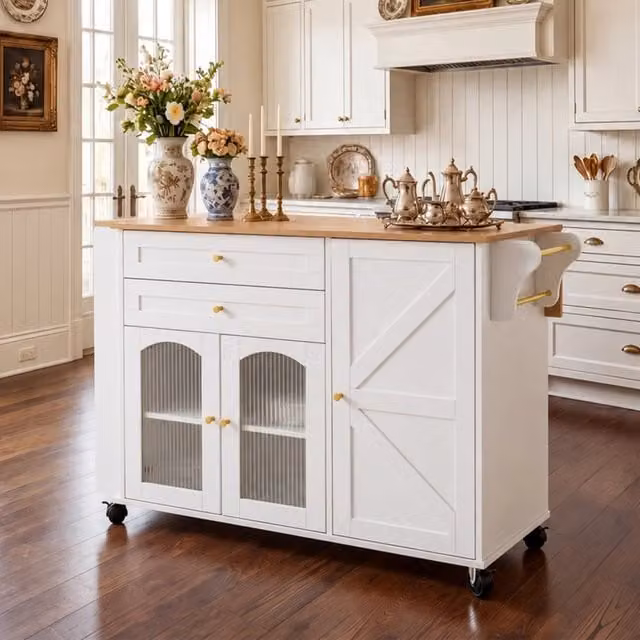 Desviae Carrello da cucina con piano ribaltabile 2 cassetti e ruote girevoli bianco e naturale 110 × 70 × 99 cm