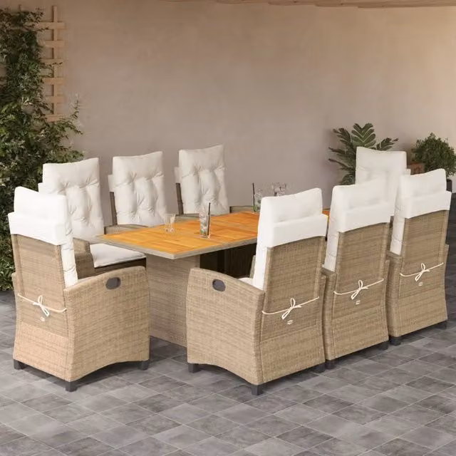 Set da Pranzo da Giardino vidaXL in Legno di Acacia e Polyrattan con Cuscini Beige e Bianchi, 9 Pezzi – 1