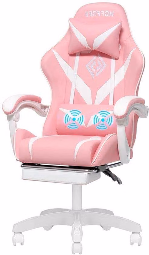 Sedia da gaming – Sedia per scrivania da computer – Sedia da ufficio – Poltrona relax per giocatori – Poltrona ergonomica – Bianco rosa – Massaggio lombare a 2 punti