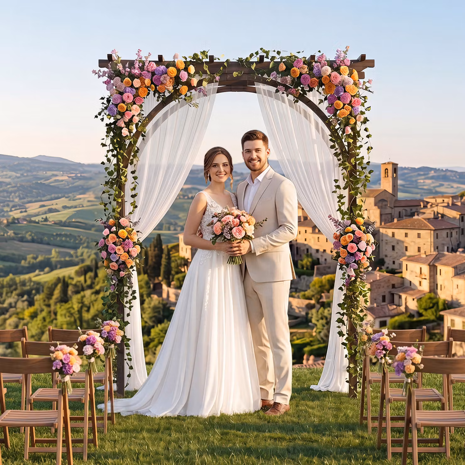 Arco da giardino Costway in legno massello marrone con tetto piatto, traliccio ornamentale per piante rampicanti e rose