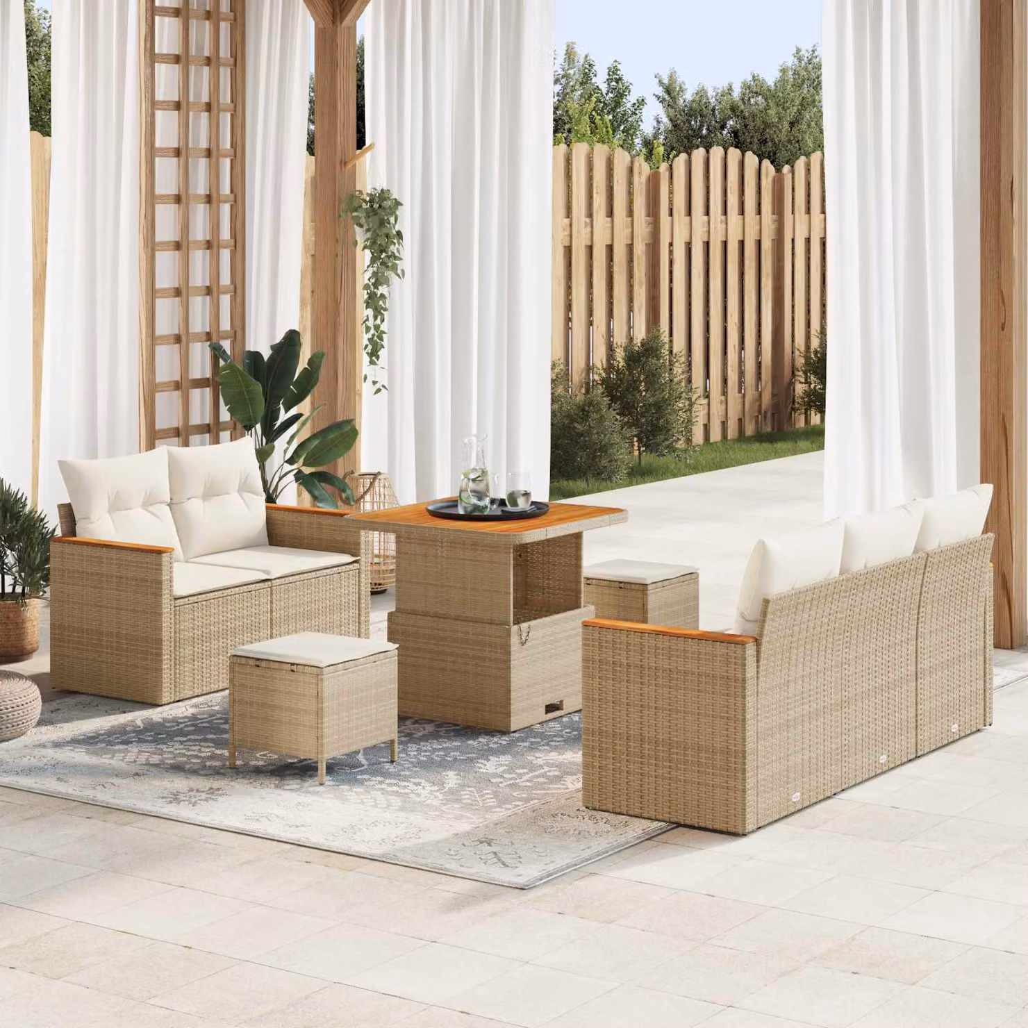 Set Divano da Giardino vidaXL 8 Pezzi in Polyrattan Beige con Cuscini e Tavolino – 1