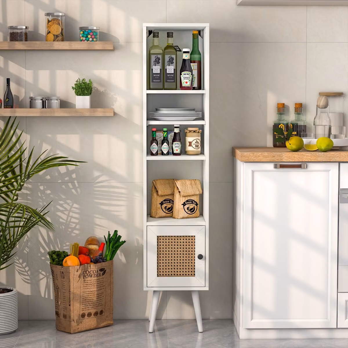 Armadietto boho Costway con ante in rattan e gambe in legno massello, mobile sottile autonomo con ripiani regolabili, Bianco