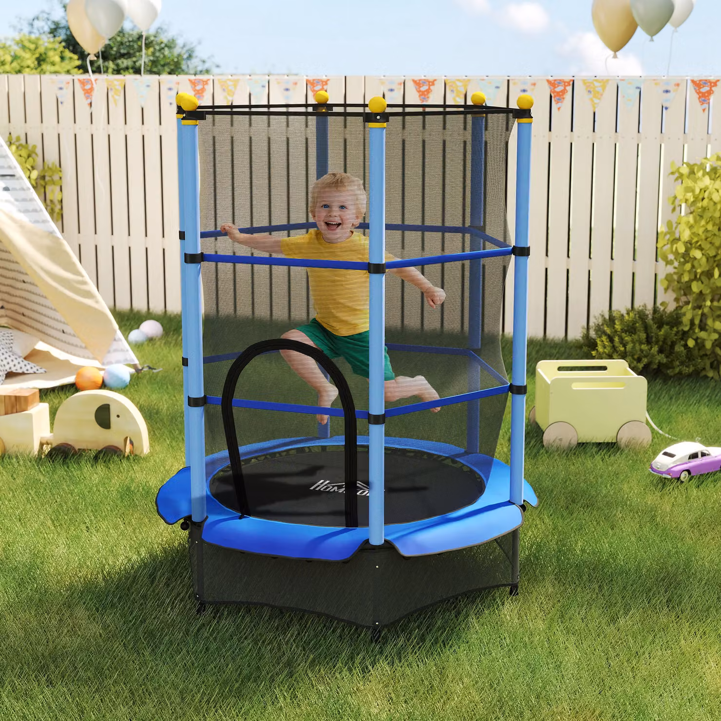 Mini Trampolino Elastico HOMCOM per Bambini con Rete di Sicurezza e Pali Imbottiti, Blu, L: 190 cm, P: 140 cm – 2