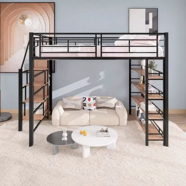 Letto a soppalco 140x200 cm con scala contenitore e ripiani in metallo nero