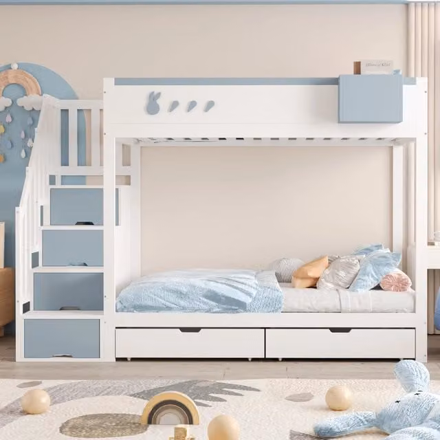 Letto a castello 2 posti 90 × 200 cm, ripiano removibile, 2 cassetti e vano scala, senza materasso, bianco e blu