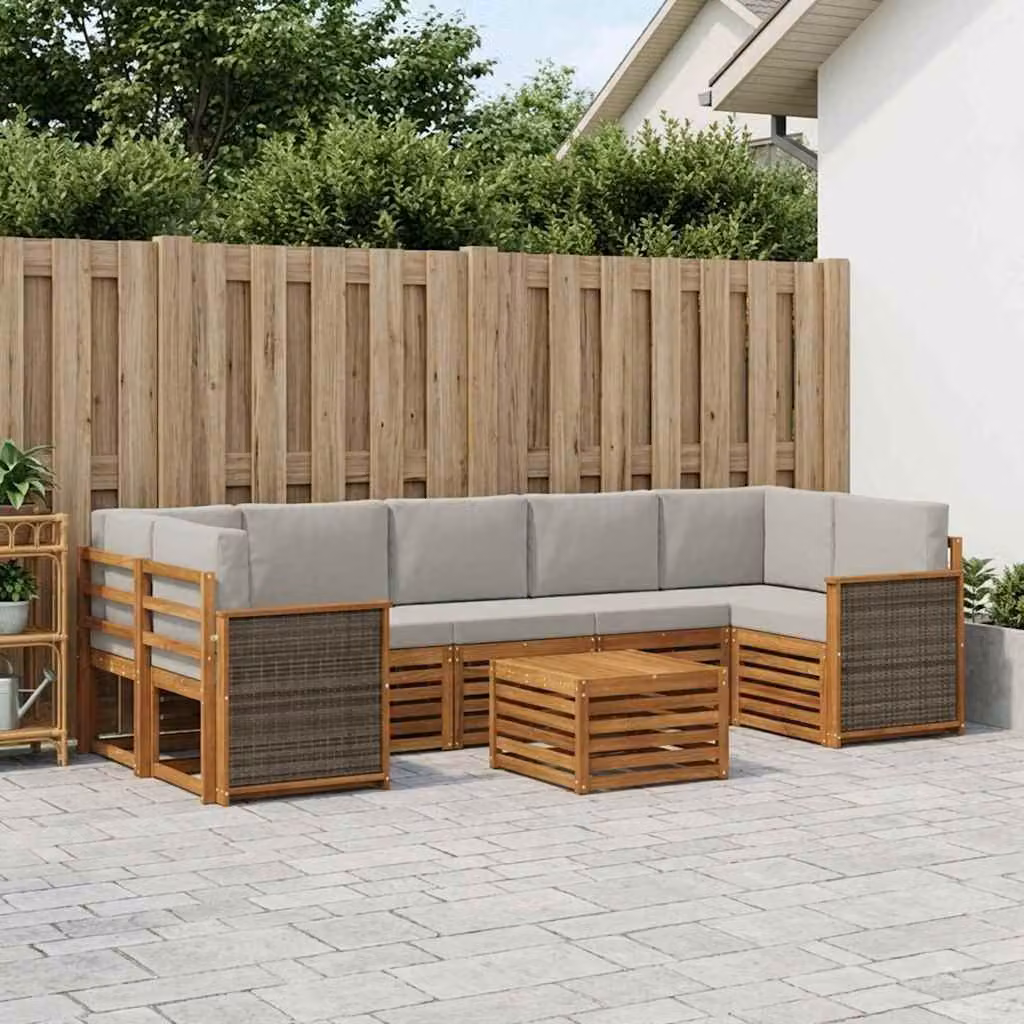 Set di divani da esterno vidaXL 8 pz in legno di acacia con cuscini, forma a L, colori beige, grigio e marrone