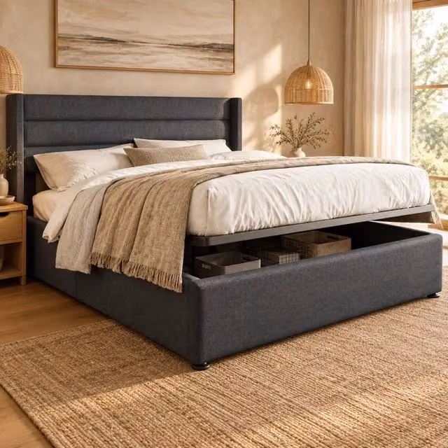 Letto contenitore 160x200 cm grigio rivestito in lino, rete a doghe sollevabile, senza materasso