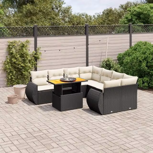 Set Divani da Giardino 9 pz con Cuscini Nero in Polyrattan 3272120
