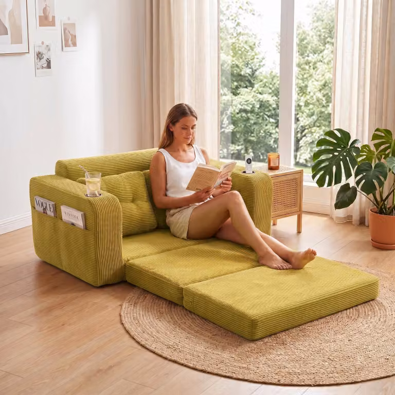 LVHOM Divano letto multifunzionale a 1,5 posti in velluto a coste, trasformabile in letto per ospiti, divanetto pieghevole per camera dei ragazzi, verde oliva
