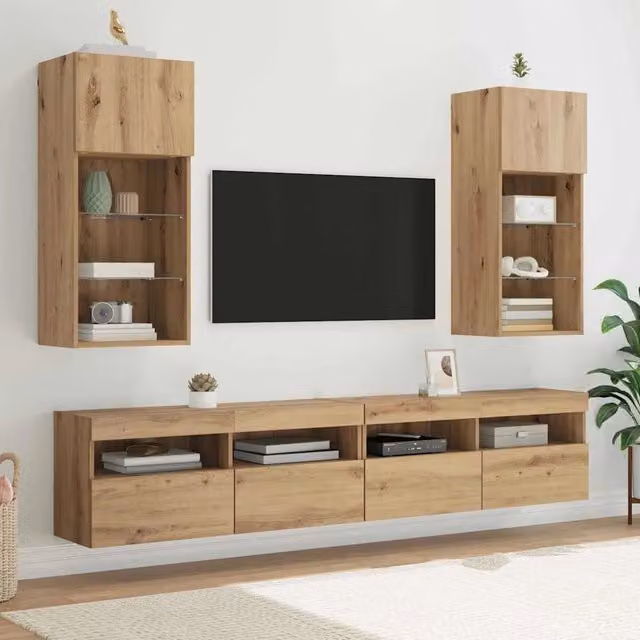 Set di 2 Mobiletti TV da parete vidaXL in legno e vetro, colore marrone rovere, design moderno con illuminazione integrata