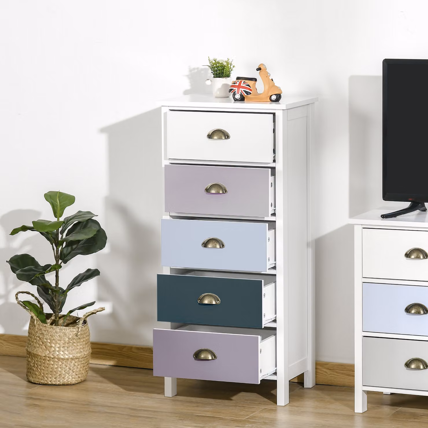 Cassettiera Mobile HOMCOM con 5 Cassetti Colorati, Comò Alto e Salvaspazio Multicolore Blu – 2