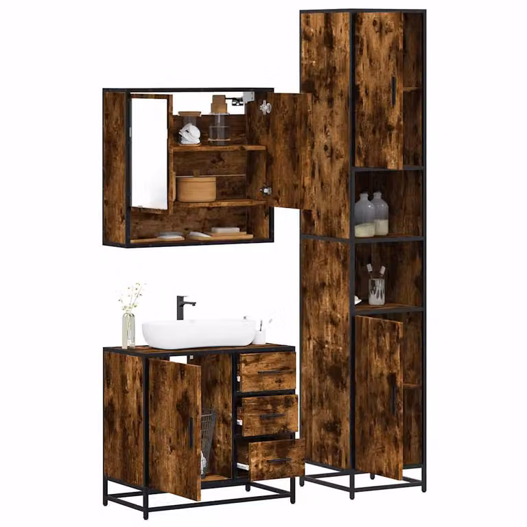 Set di mobili da bagno industrial vidaXL in 3 pezzi color rovere marrone con mobileto specchio, mobile lavabo e colonna alta in legno e metallo
