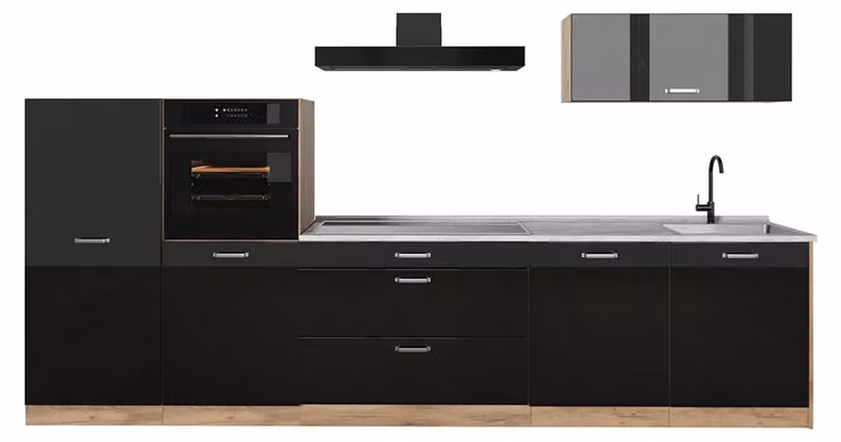 Cucina componibile Vicco R-Line Nero lucido/Rovere dorato 340 cm piano di lavoro Marmo, Model 66535