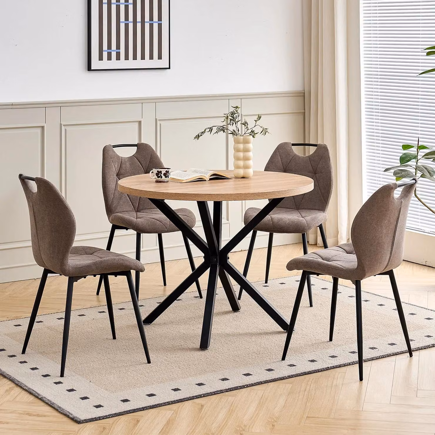 Essgruppe - Tavolo rotondo da pranzo con 4 sedie da sala da pranzo - Sedie imbottite - Struttura in metallo - Stile minimalista e moderno - Colore marrone