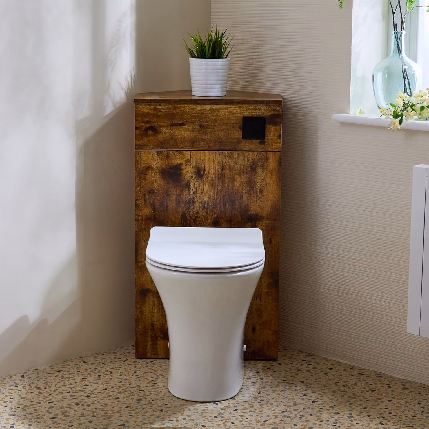 Unità WC Angolare per WC in Rovere Scuro con Sanitario Marbury - con Pulsante di Scarico Nero - Cluo