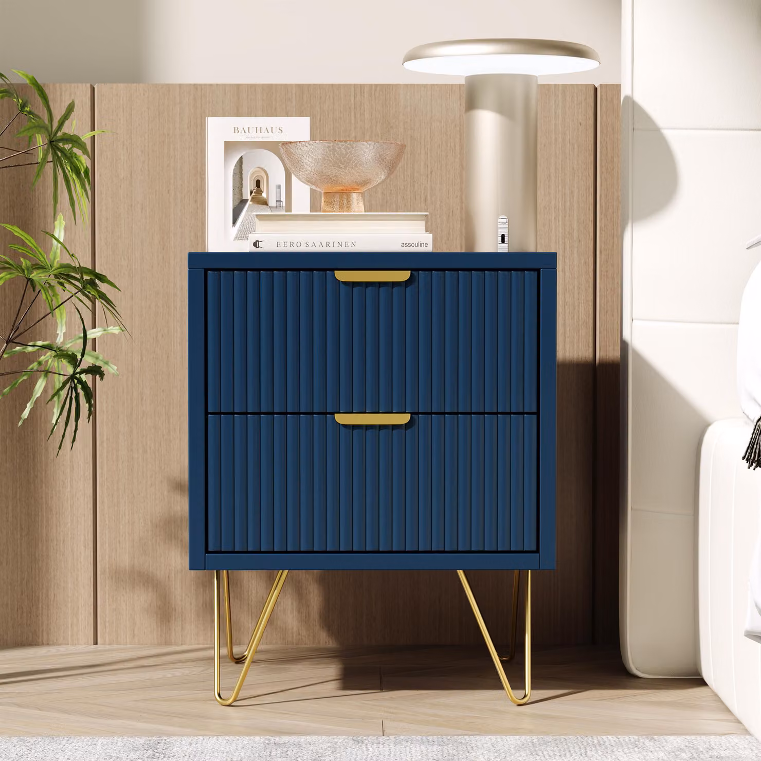 Comò con 2 cassetti, gambe dorate e motivo verticale, blu scuro – Elegante, moderno e pratico per la camera da letto o il soggiorno