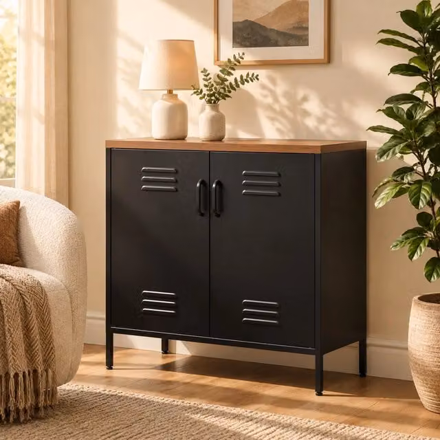Credenza in metallo industriale con 2 porte e ripiano regolabile 80x40x80 cm, finitura nera
