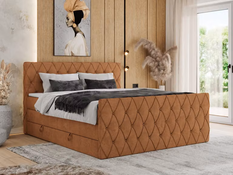 Letto con rete a molle MKS MEBLE, 160 x 200 cm, con contenitore, letto 160 x 200 cm con materasso H4, letto con rete a molle 160 x 200 cm con topper - Miren King Duo - Tessuto strutturato arancione - Materasso H4