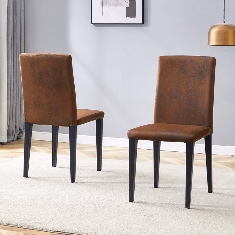 Set da 2 sedie da pranzo in stile minimalista europeo, tessuto tecnico marrone scuro, gambe in metallo nero, sedie imbottite per il soggiorno