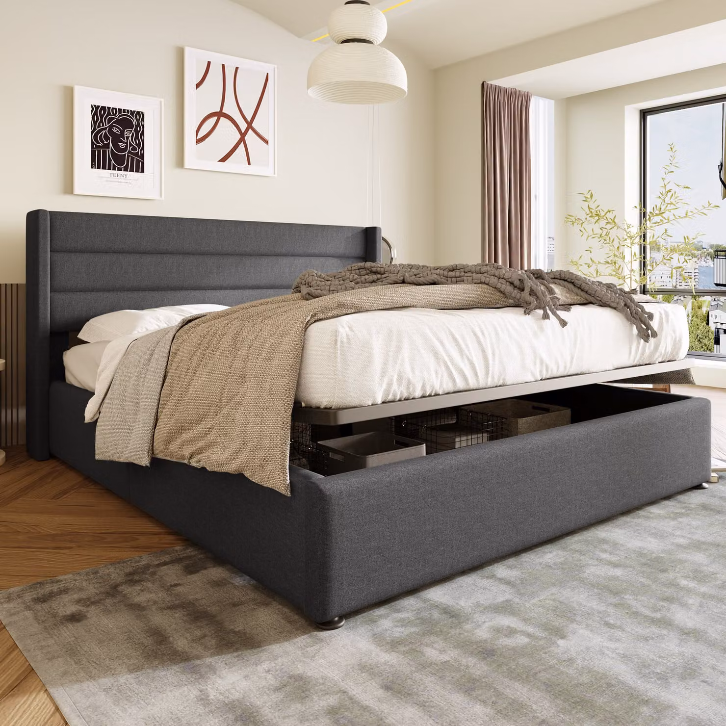 Letto Merax a molle idrauliche 180x200cm letto imbottito con rete, rete a doghe in legno e struttura in metallo, letto contenitore letto matrimoniale in lino, grigio