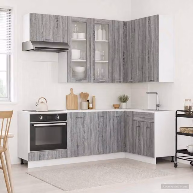 Unità cucina moderna vidaXL in MDF grigio con ante in vetro e ripiani interni, composta da 8 pezzi