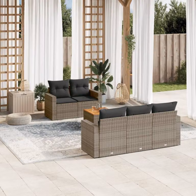 Set Divano da Giardino vidaXL 6 pz in Polyrattan Grigio con Cuscini e Tavolino da Esterno a Forma di L