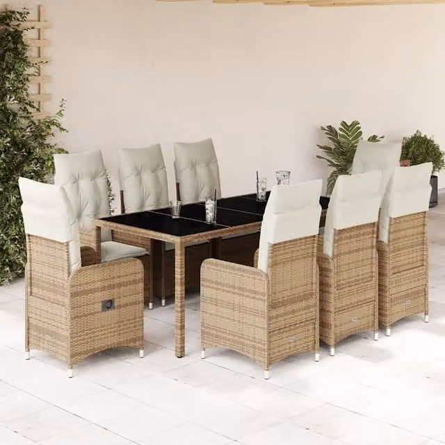 Set da Bistrò da Giardino vidaXL in Polyrattan con Cuscini Beige e Bianco, 9 Pezzi