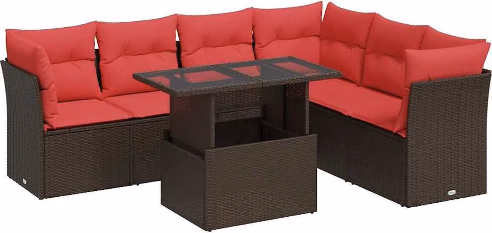 Set Divani da Giardino 7pz con Cuscini Marrone Polyrattan Acacia