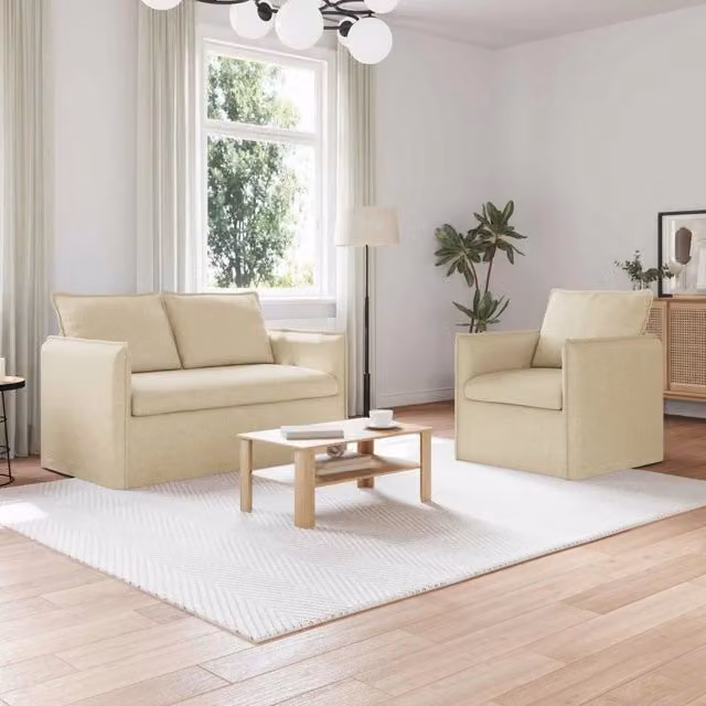 Set di 2 divani moderni vidaXL in tessuto beige con coperture rimovibili e struttura in metallo per soggiorno o camera da letto – 1