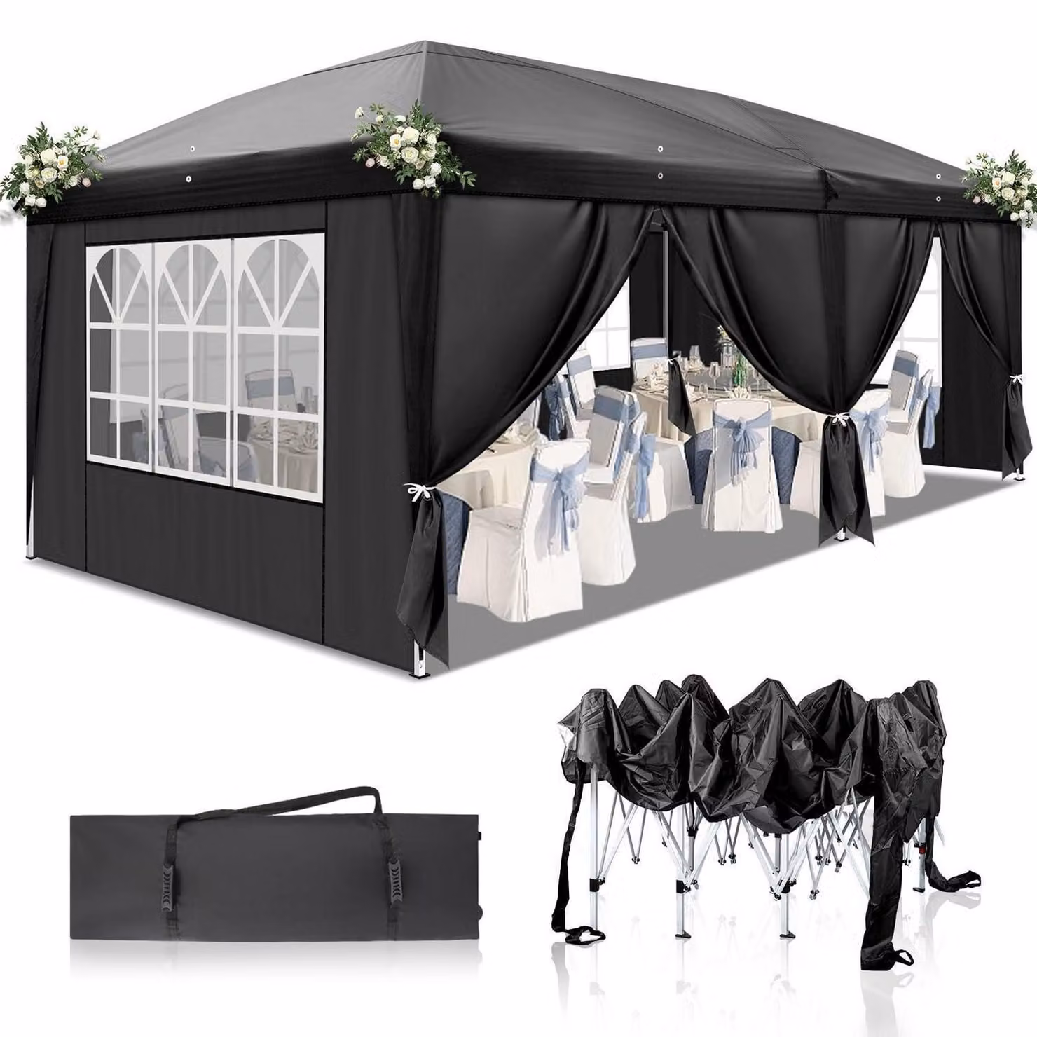 Gazebo da esterno 3x6 metri, colore nero, impermeabile, con protezione UV 50+, realizzato in tessuto Oxford 420D e dotato di 6 pannelli laterali
