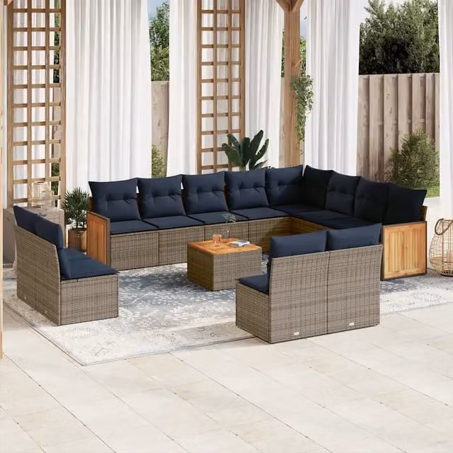 Set di divani da giardino vidaXL in rattan e legno di acacia oliato con 13 pezzi e cuscini grigi e blu