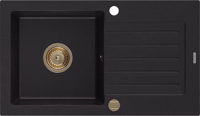 Mexen Pablo lavello in granito a 1 vasca con scolapiatti 752 x 436 mm, nero, sifone dorato - 6510751010-77-G