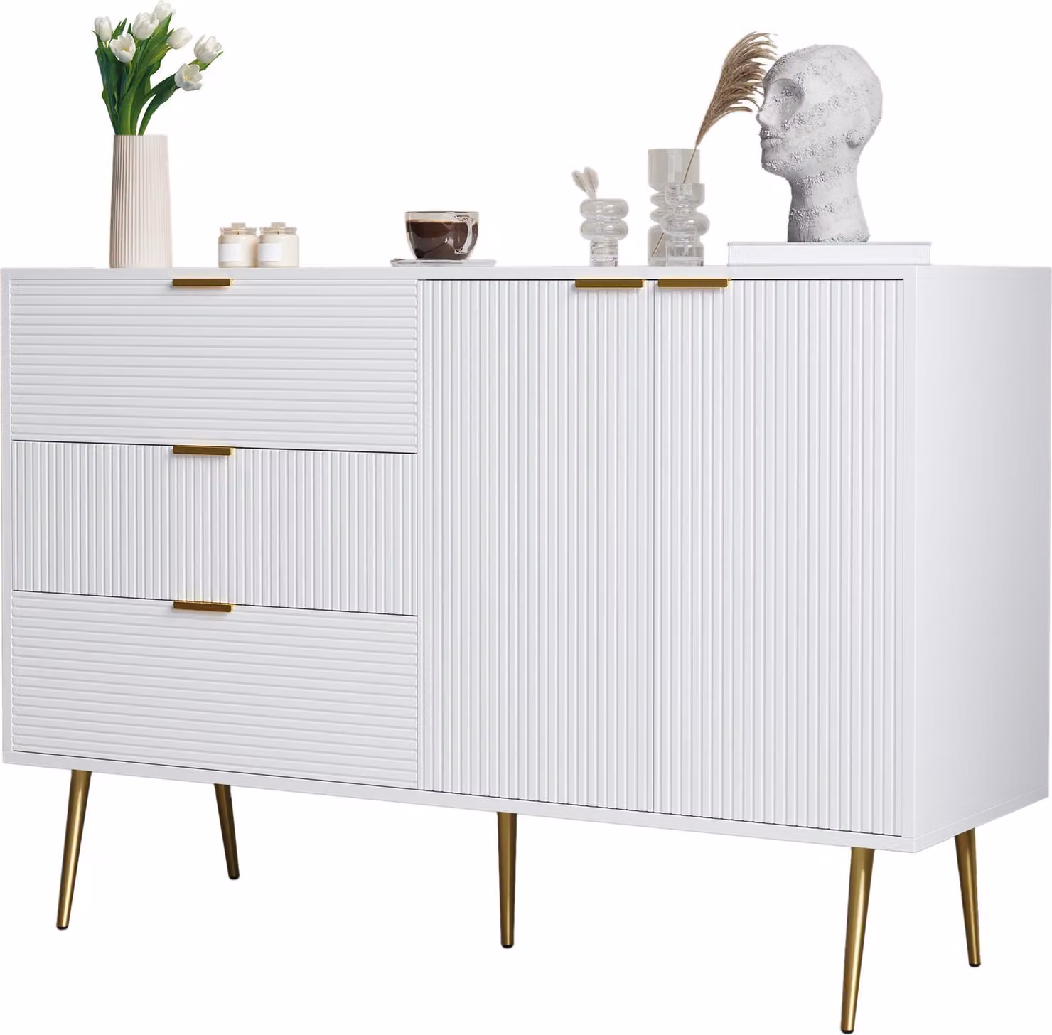Credenza Fortuna Lai, soggiorno con ante e cassetti, ripiani interni, cassettiera con maniglie e piedini dorati