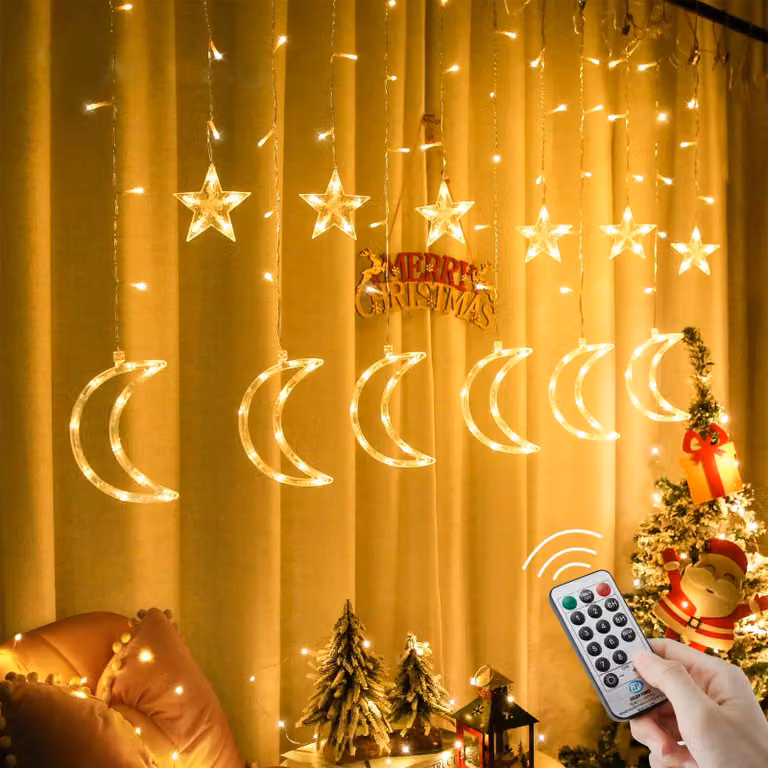Illuminazione a LED per tende, modello 138, 8 modalità, motivo stelle e luna, luce bianco caldo
