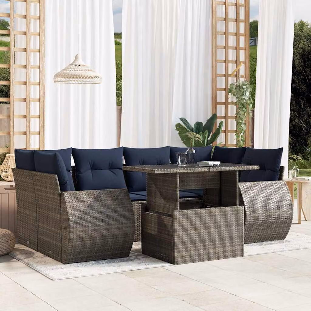 Set di divani da giardino vidaXL in polyrattan grigio con 7 pezzi, tavolo da esterno e cuscini inclusi