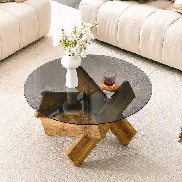 Tavolino da caffè rotondo Minimal con piano in vetro trasparente ed effetto marmo/legno marrone per soggiorno e salotto, L: 79 cm, P: 45 cm
